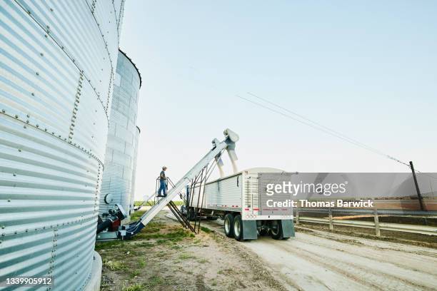 Wide shot of farmer watching semi truck being filled with corn from silos on farm on summer morning