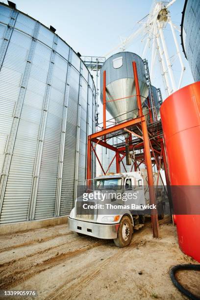 Wide shot of farmer filling feed truck at silo before feeding cattle on summer morning