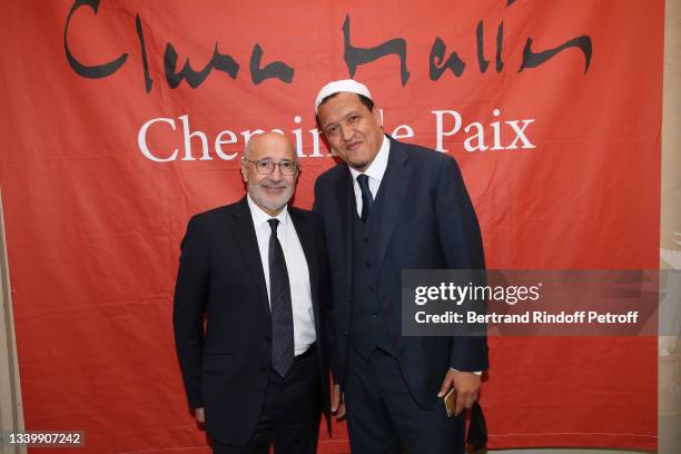 President of CRIF Francis Kalifat and Imam Hassen Chalghoumi attend Marek Halter Celebrates Rosh Hashanah on September 12, 2021 in Paris, France.