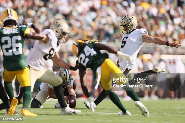 Aldrick Rosas of the New Orleans Saints kicks a extra point during the second quarter against the Green Bay Packers at TIAA Bank Field on September...
