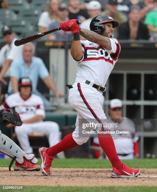 Leury Garcia of the Chicago White Sox hits a walk-off, solo home run in the 9th inning against the Boston Red Sox at Guaranteed Rate Field on...