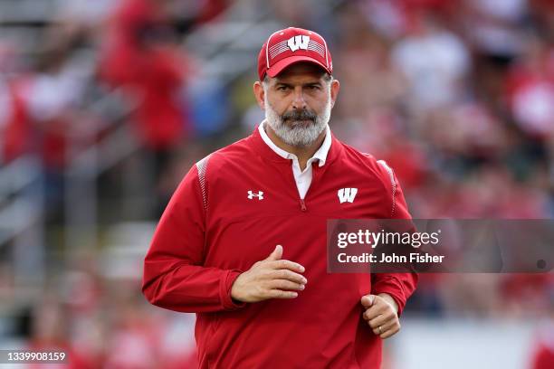 Associate coach Joe Rudolph of the Wisconsin Badgers before the game against the Eastern Michigan Eagles at Camp Randall Stadium on September 11,...