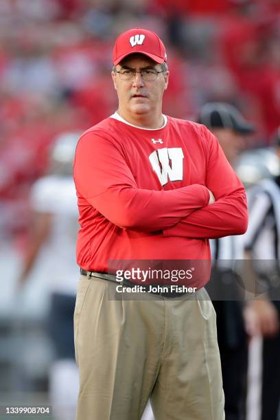 Wisconsin Badgers head coach Paul Chryst before the game against the Eastern Michigan Eagles at Camp Randall Stadium on September 11, 2021 in...