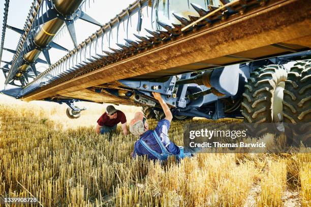 wide shot of farmers working under combine header in wheat field during harvest - combine day 2 stockfoto's en -beelden