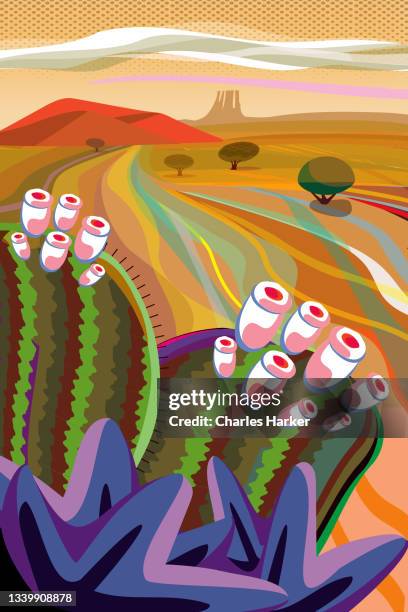 desert, cactus, mountains in distance landscape illustration - hot pink stockfoto's en -beelden