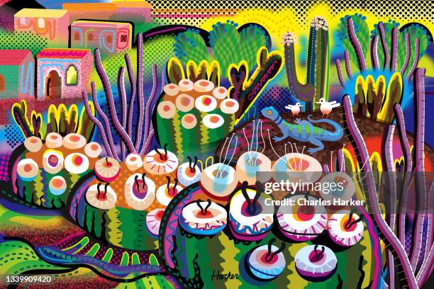 desert moss fantasy garden with flowering cactus - mexican flower pattern stock-fotos und bilder