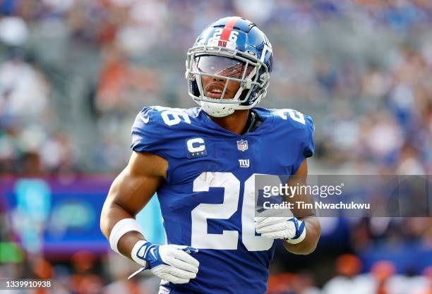 Saquon Barkley of the New York Giants looks on during the game against the Denver Broncos at MetLife Stadium on September 12, 2021 in East...