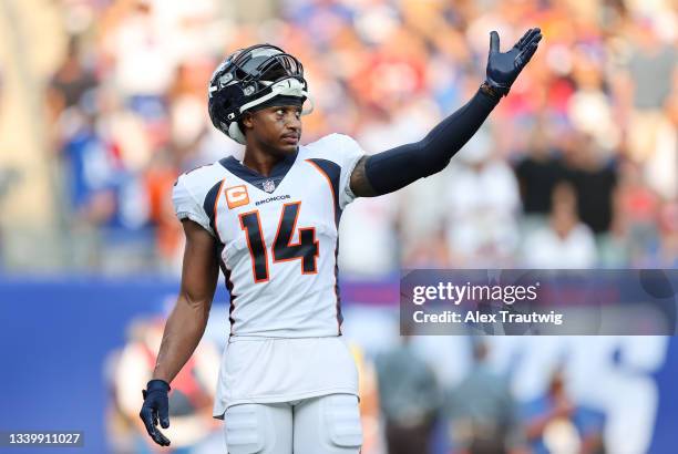 Courtland Sutton of the Denver Broncos reacts against the New York Giants during the first half at MetLife Stadium on September 12, 2021 in East...