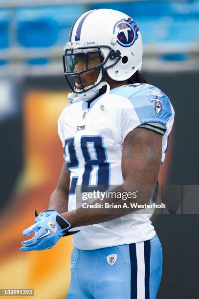 Chris Johnson of the Tennessee Titans prior to the game against the Carolina Panthers at Bank of America Stadium on November 13, 2011 in Charlotte,...