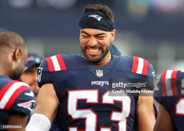 Kyle Van Noy of the New England Patriots reacts against the Miami Dolphins at Gillette Stadium on September 12, 2021 in Foxborough, Massachusetts.