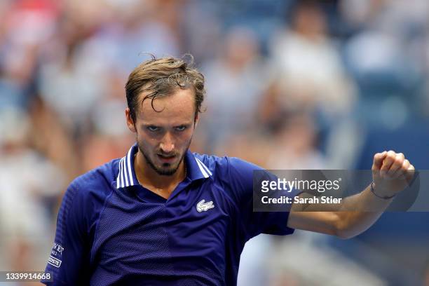 Daniil Medvedev of Russia reacts as he plays against Novak Djokovic of Serbia during their Men's Singles final match on Day Fourteen of the 2021 US...