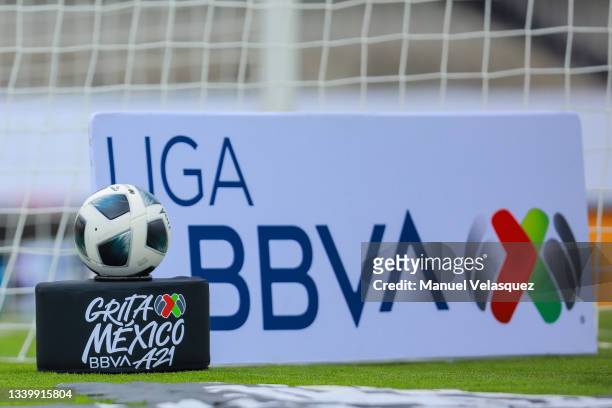 Detail of a banner with the logo of Liga BBVA during the 8th round match between Pumas UNAM and Chivas as part of the Torneo Grita Mexico A21 Liga MX...