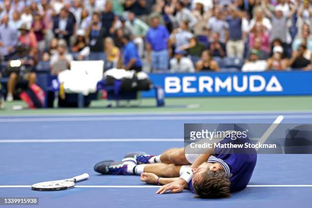 Daniil Medvedev of Russia celebrates winning championship point to defeat Novak Djokovic of Serbia during their Men's Singles final match on Day...