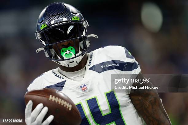 Seattle Seahawks wide receiver DK Metcalf looks on during the game against the Indianapolis Colts at Lucas Oil Stadium on September 12, 2021 in...