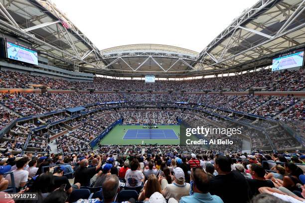 General view is seen is as fans cheer for Daniil Medvedev of Russia as he celebrates defeating Novak Djokovic of Serbia to win their Men's Singles...