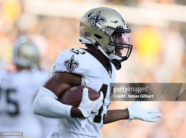 Marcus Williams of the New Orleans Saints reacts after intercepting a pass against the Green Bay Packers during the second half at TIAA Bank Field on...