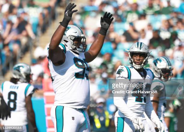 Derrick Brown of the Carolina Panthers reacts during their game against the New York Jets at Bank of America Stadium on September 12, 2021 in...