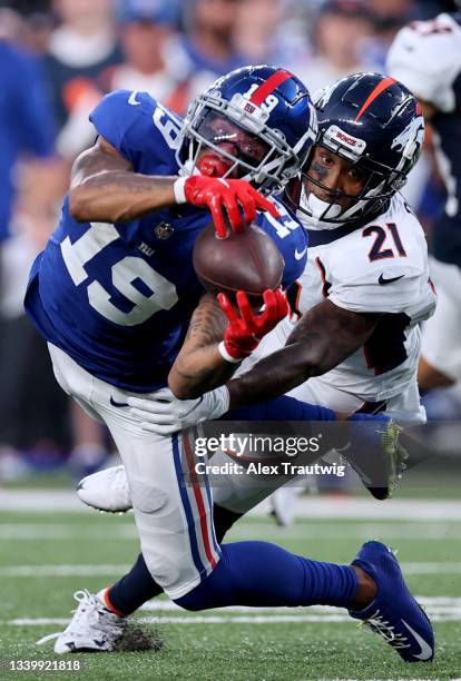 Kenny Golladay of the New York Giants makes a catch against the Denver Broncos during the second half at MetLife Stadium on September 12, 2021 in...