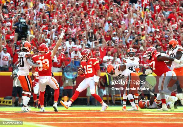 Patrick Mahomes of the Kansas City Chiefs scores a five yard touchdown during the second quarter against the Cleveland Browns at Arrowhead Stadium on...