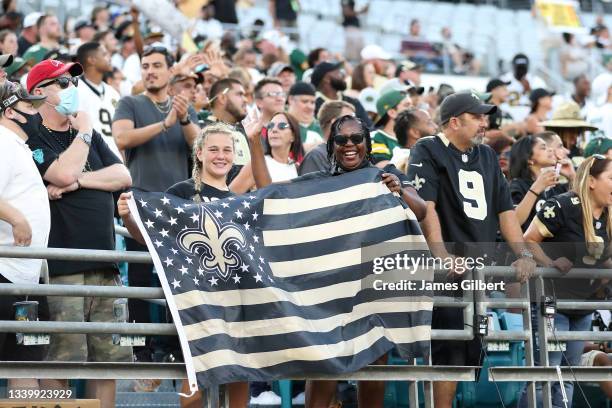 New Orleans Saints fans reacts against the Green Bay Packers at TIAA Bank Field on September 12, 2021 in Jacksonville, Florida.