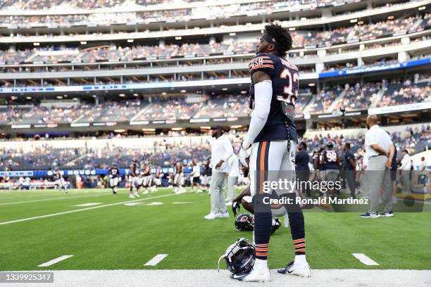 Jaylon Johnson of the Chicago Bears watches action prior to a game against the Los Angeles Rams at SoFi Stadium on September 12, 2021 in Inglewood,...