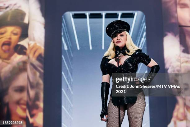 Madonna speaks onstage during the 2021 MTV Video Music Awards at Barclays Center on September 12, 2021 in the Brooklyn borough of New York City.