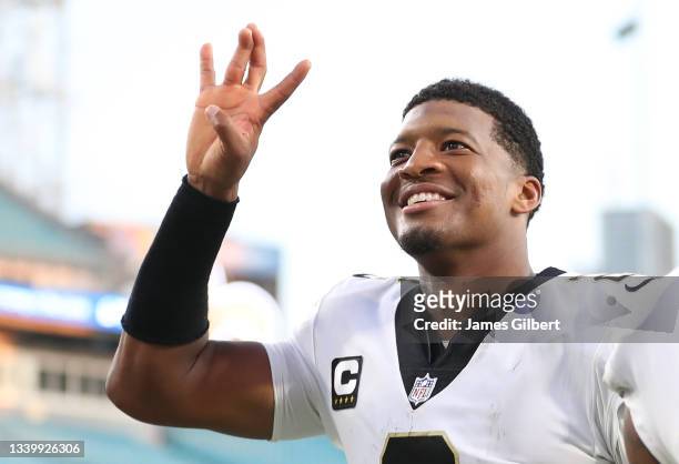 Jameis Winston of the New Orleans Saints reacts after defeating the Green Bay Packers at TIAA Bank Field on September 12, 2021 in Jacksonville,...
