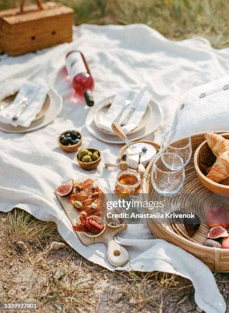 beautiful celebration picnic outdoor with tasty food and wine. - romantic picnic stockfoto's en -beelden