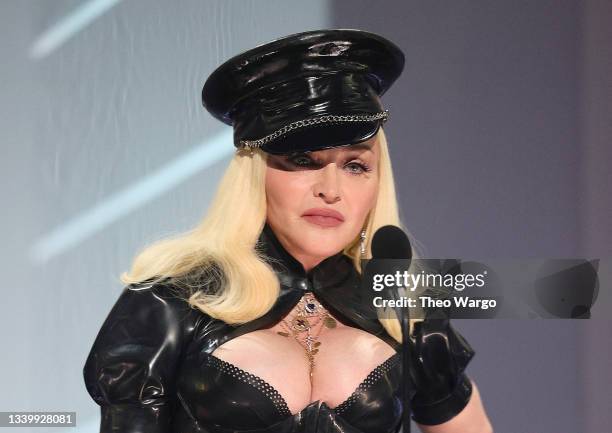 Madonna speaks onstage during the 2021 MTV Video Music Awards at Barclays Center on September 12, 2021 in the Brooklyn borough of New York City.