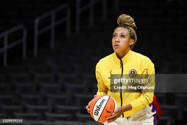 Guard Arella Guirantes of the Los Angeles Sparks warms up before the game against the Seattle Storm at Staples Center on September 12, 2021 in Los...
