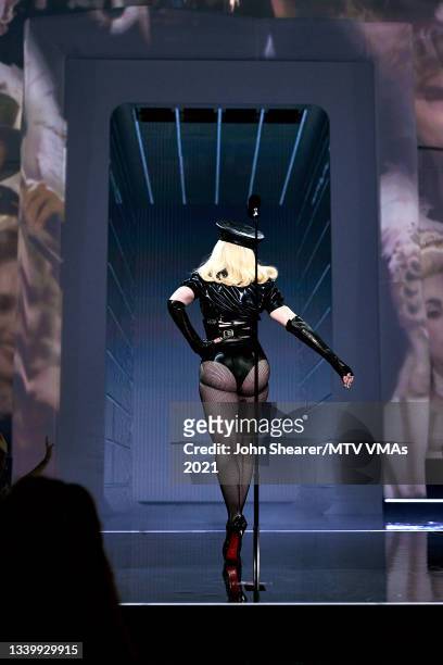 Madonna, fashion detail, speaks onstage during the 2021 MTV Video Music Awards at Barclays Center on September 12, 2021 in the Brooklyn borough of...