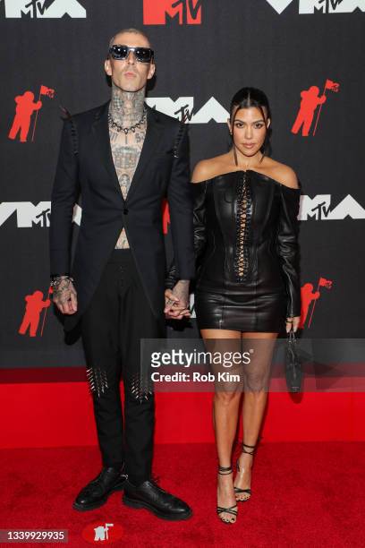 Travis Barker and Kourtney Kardashian attend the 2021 MTV Video Music Awards at Barclays Center on September 12, 2021 in the Brooklyn borough of New...
