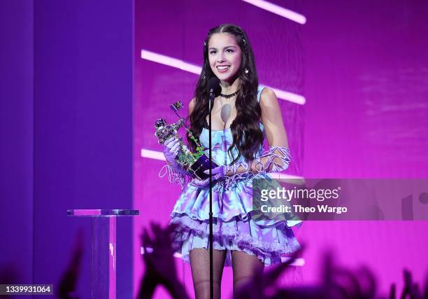 Olivia Rodrigo accepts award for Song Of The Year onstage during the 2021 MTV Video Music Awards at Barclays Center on September 12, 2021 in the...