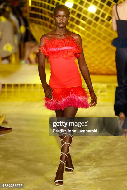 Model walks the runway for Staud during NYFW: The Shows at Terrace at Spring Studios on September 12, 2021 in New York City.