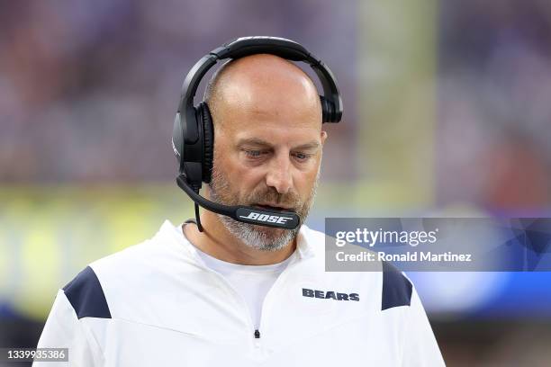 Head coach Matt Nagy of the Chicago Bears watches action during the first half against the Los Angeles Rams at SoFi Stadium on September 12, 2021 in...