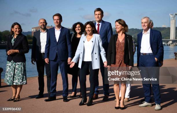 The mayor of Paris, Anne Hidalgo, with members of French Socialist Party meets supporters as she announces her candidacy for the 2022 French...