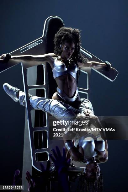 Normani and Teyana Taylor perform onstage during the 2021 MTV Video Music Awards at Barclays Center on September 12, 2021 in the Brooklyn borough of...