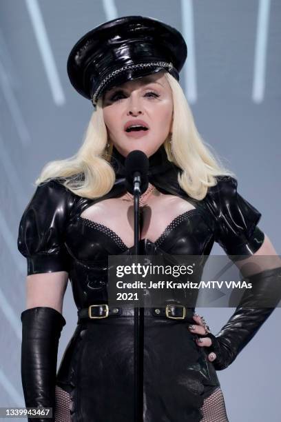 Madonna speaks onstage during the 2021 MTV Video Music Awards at Barclays Center on September 12, 2021 in the Brooklyn borough of New York City.