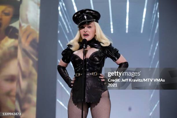 Madonna speaks onstage during the 2021 MTV Video Music Awards at Barclays Center on September 12, 2021 in the Brooklyn borough of New York City.