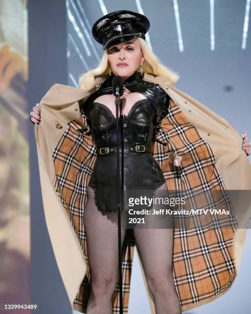 Madonna speaks onstage during the 2021 MTV Video Music Awards at Barclays Center on September 12, 2021 in the Brooklyn borough of New York City.