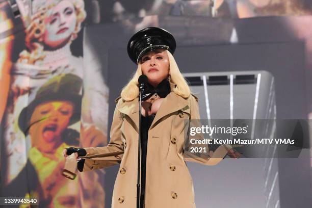 Madonna speaks onstage during the 2021 MTV Video Music Awards at Barclays Center on September 12, 2021 in the Brooklyn borough of New York City.