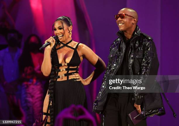 Ashanti and Ja Rule speak onstage during the 2021 MTV Video Music Awards at Barclays Center on September 12, 2021 in the Brooklyn borough of New York...