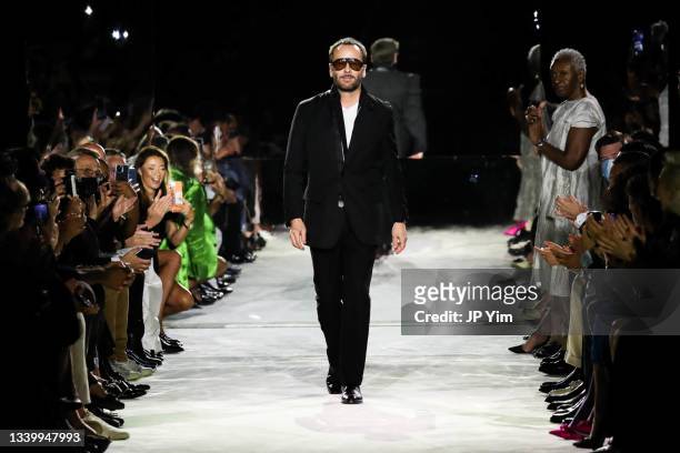 Tom Ford walks the runway at the conclusion of his Tom Ford SS22 during NYFW: The Shows at David H. Koch Theater, Lincoln Center on September 12,...