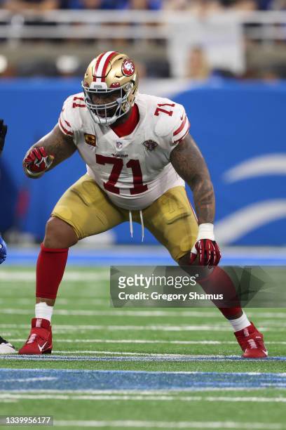 Trent Williams of the San Francisco 49ers plays against the Detroit Lions at Ford Field on September 12, 2021 in Detroit, Michigan.