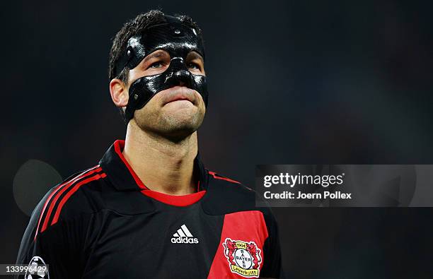 Michael Ballack of Leverkusen looks on prior to the UEFA Champions League group E match between Bayer 04 Leverkusen and Chelsea FC at BayArena on...
