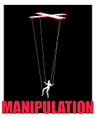 Marionette concept. Woman puppet on boss hand ropes, business exploit control manipulation comncept, puppeteer controlling vector image