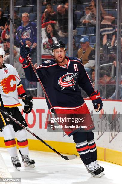 Jeff Carter of the Columbus Blue Jackets celebrates a goal against the Calgary Flames on November 21, 2011 at Nationwide Arena in Columbus, Ohio.