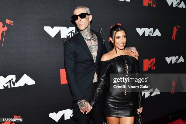 Kourtney Kardashian and Travis Barker attend the 2021 MTV Video Music Awards at Barclays Center on September 12, 2021 in the Brooklyn borough of New...