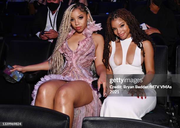 Chloe Bailey and Halle Bailey attend the 2021 MTV Video Music Awards at Barclays Center on September 12, 2021 in the Brooklyn borough of New York...