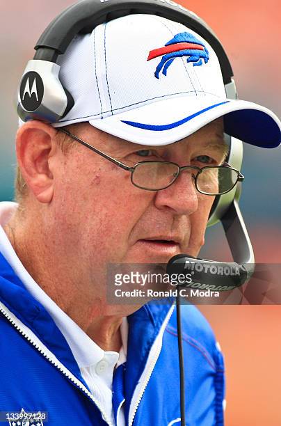 Head coach Chan Gailey of the Buffalo Bills looks on during a NFL game against the Miami Dolphins at Sun Life Stadium on November 20, 2011 in Miami...